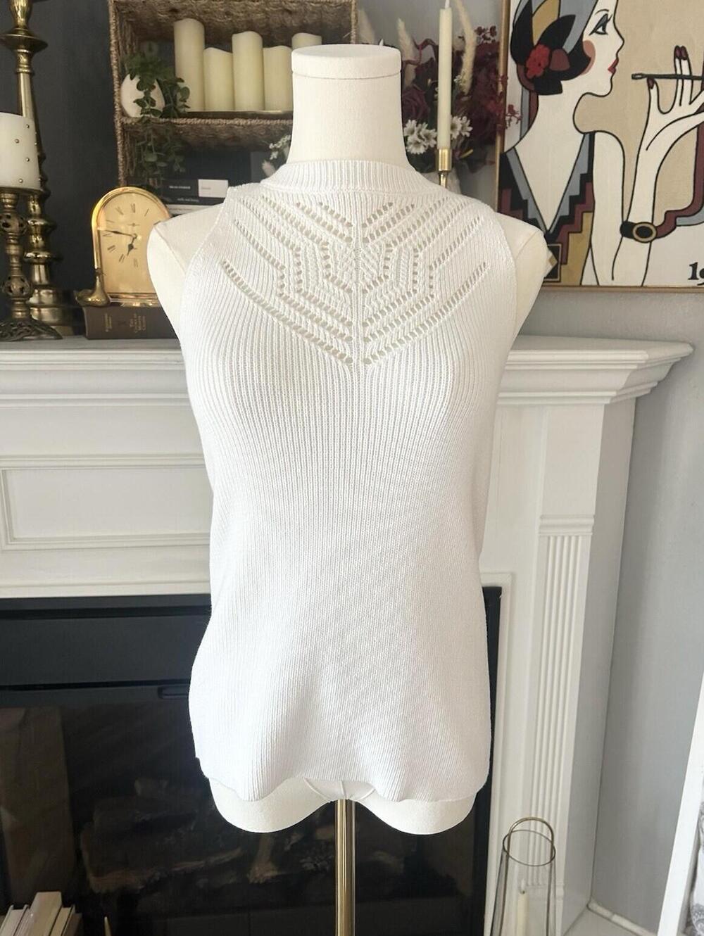 LOFT Knit Tank in White Women’s Size Medium, Patterned Top, Fitted, Stretchy Fit